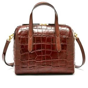 Fossil Sydney Satchel Brown Croco Embossed Leather Crossbody Bag tote